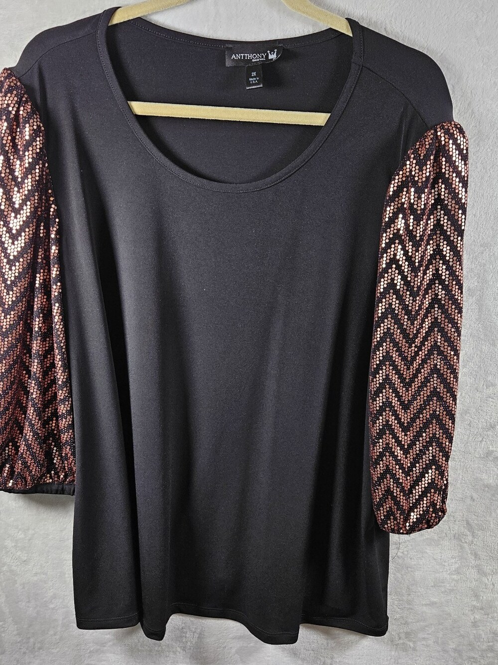 Anttony Original Top Womens 1X Black Sequins 3/4 Sleeves Party Holiday Evening